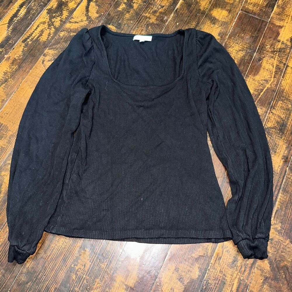 Z Supply black minimalist ribbed scoop neck puff sleeve L top